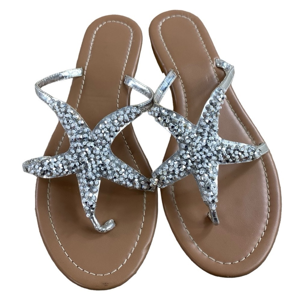 Women’s Sparkly Silver Beachy Rhinestone Starfish Flat‎ Sandals Flip Flops Sz 6